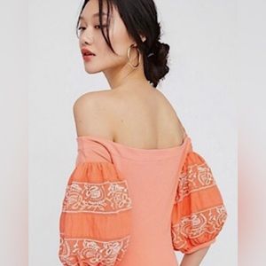Free People Top Coral Orange Off The Shoulder  With Balloon Sleeves, Size Small